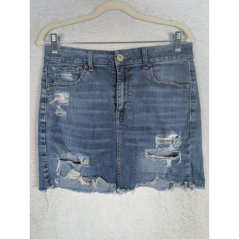 American Eagle Denim Skirt Women's 10 Blue Distressed Raw Hem Super Stretch Mini